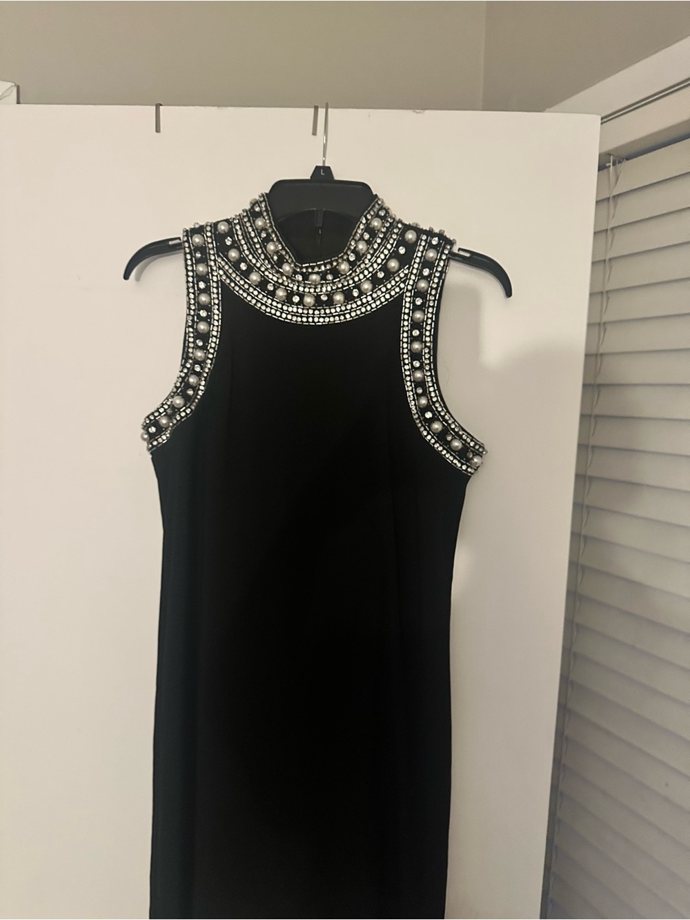 Sleeveless Black Midi Dress with Jewel-Embellished Mock Neck - Picture 8 of 8
